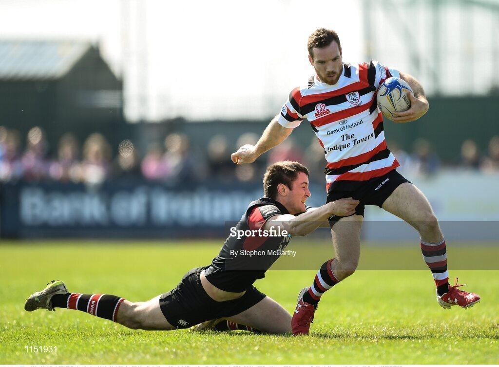 8 May 2016; Hugh O'Neill, Enniscorthy, is tackled by Mark Higgins, Wicklow. Bank of Ireland Provincial Towns Cup, Final, Enniscorthy RFC v Wicklow RFC. Ashbourne RFC, Ashbourne, Co. Meath. Picture credit: Stephen McCarthy / SPORTSFILE
