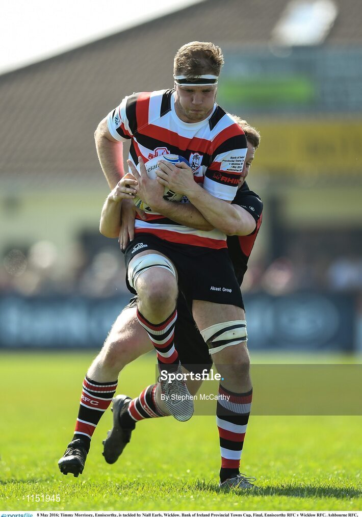 8 May 2016; Timmy Morrissey, Enniscorthy, is tackled by Niall Earls, Wicklow. Bank of Ireland Provincial Towns Cup, Final, Enniscorthy RFC v Wicklow RFC. Ashbourne RFC, Ashbourne, Co. Meath. Picture credit: Stephen McCarthy / SPORTSFILE