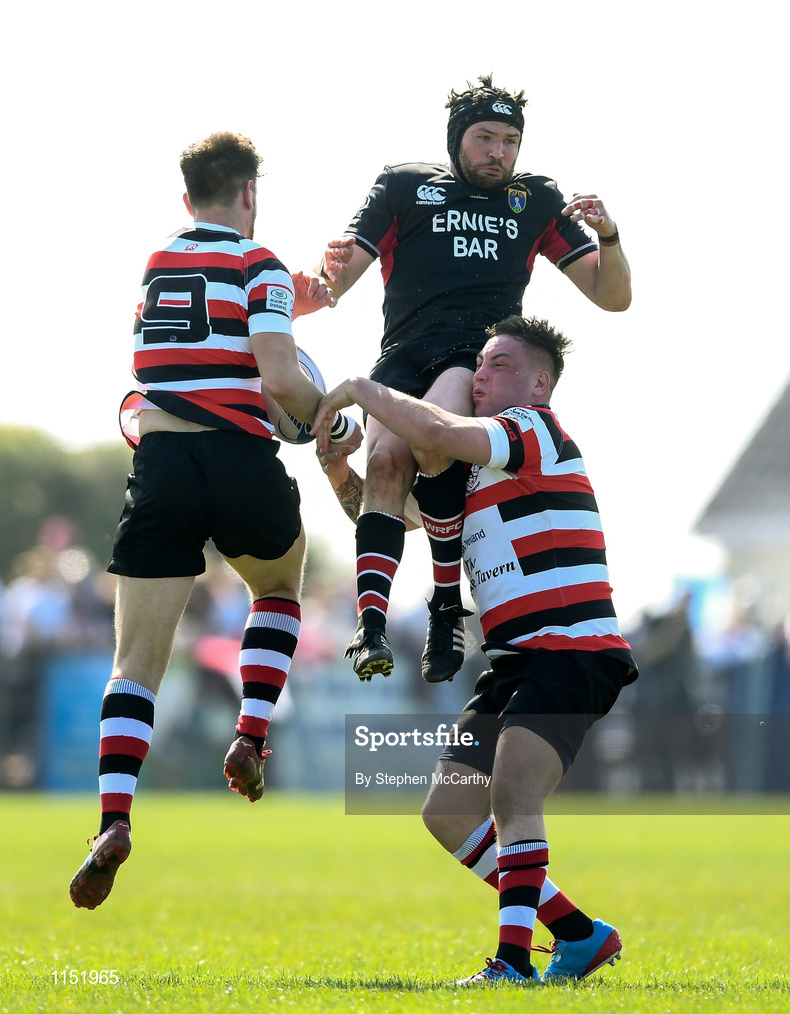 8 May 2016; Wesley Wojnar, Wicklow, is tackled by Alan Jacob, left, and Angelo Todisco, Enniscorthy. Bank of Ireland Provincial Towns Cup, Final, Enniscorthy RFC v Wicklow RFC. Ashbourne RFC, Ashbourne, Co. Meath. Picture credit: Stephen McCarthy / SPORTSFILE