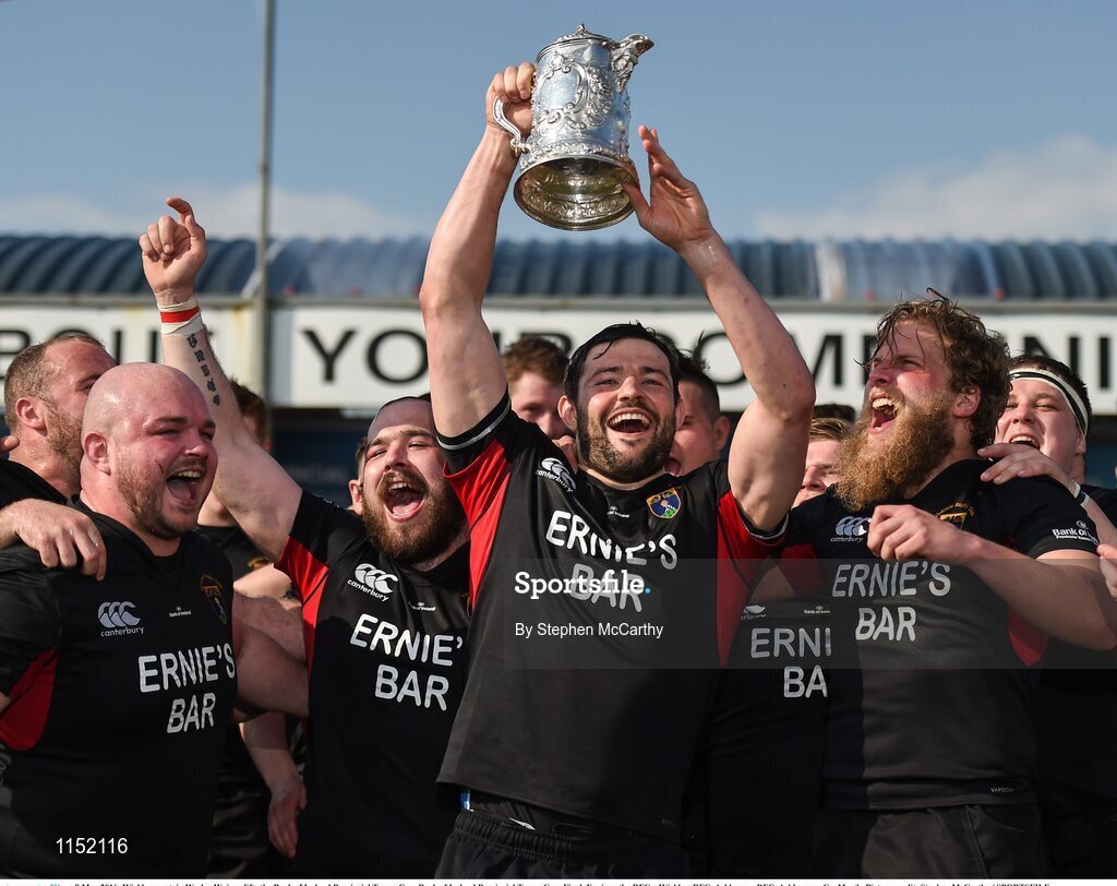 8 May 2016; Wicklow captain Wesley Wojnar lifts the Bank of Ireland Provincial Towns Cup. Bank of Ireland Provincial Towns Cup, Final, Enniscorthy RFC v Wicklow RFC. Ashbourne RFC, Ashbourne, Co. Meath. Picture credit: Stephen McCarthy / SPORTSFILE