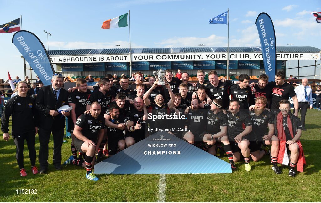 8 May 2016; Wicklow players celebrate their Bank of Ireland Provincial Towns Cup victory. Bank of Ireland Provincial Towns Cup, Final, Enniscorthy RFC v Wicklow RFC. Ashbourne RFC, Ashbourne, Co. Meath. Picture credit: Stephen McCarthy / SPORTSFILE