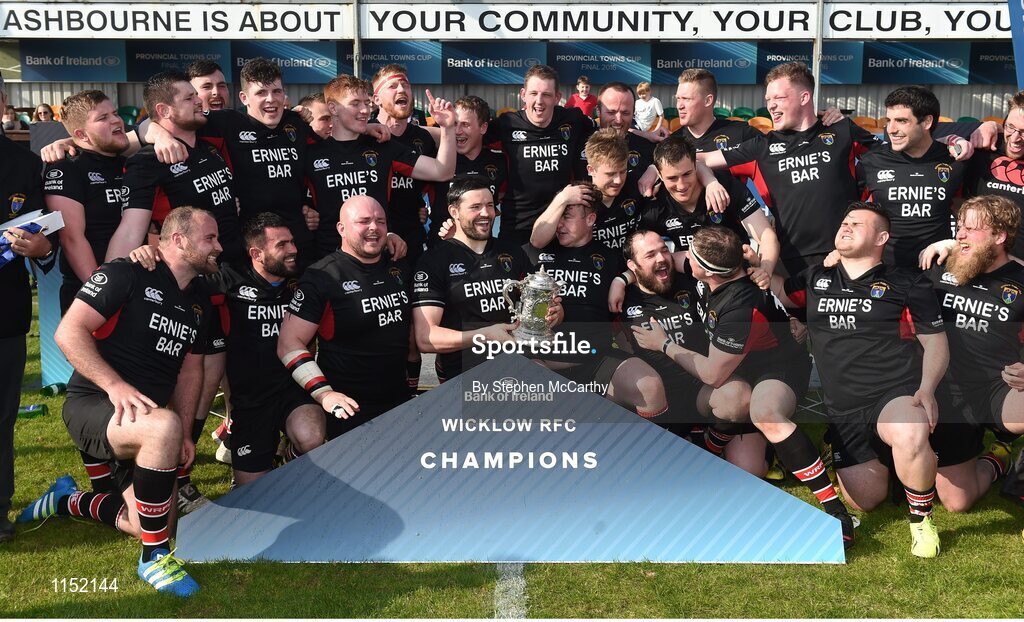 8 May 2016; Wicklow players celebrate their Bank of Ireland Provincial Towns Cup victory. Bank of Ireland Provincial Towns Cup, Final, Enniscorthy RFC v Wicklow RFC. Ashbourne RFC, Ashbourne, Co. Meath. Picture credit: Stephen McCarthy / SPORTSFILE