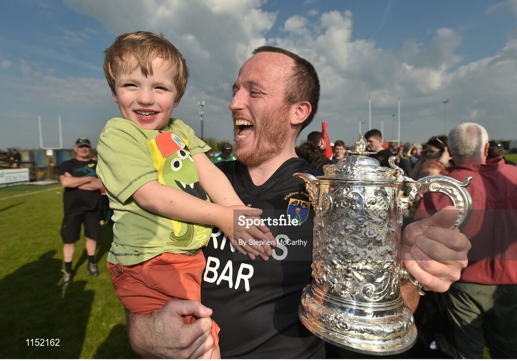8 May 2016; Wicklow's Barry Hurley and his son Rian, age 3, following their Bank of Ireland Provincial Towns Cup victory. Bank of Ireland Provincial Towns Cup, Final, Enniscorthy RFC v Wicklow RFC. Ashbourne RFC, Ashbourne, Co. Meath. Picture credit: Stephen McCarthy / SPORTSFILE