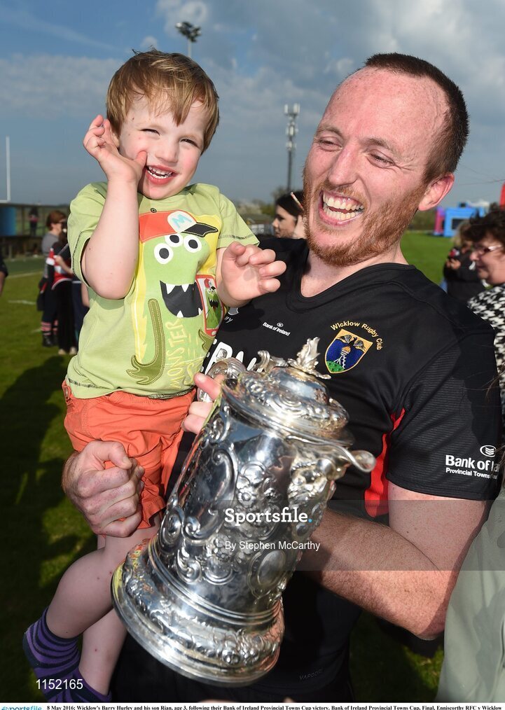 8 May 2016; Wicklow's Barry Hurley and his son Rian, age 3, following their Bank of Ireland Provincial Towns Cup victory. Bank of Ireland Provincial Towns Cup, Final, Enniscorthy RFC v Wicklow RFC. Ashbourne RFC, Ashbourne, Co. Meath. Picture credit: Stephen McCarthy / SPORTSFILE