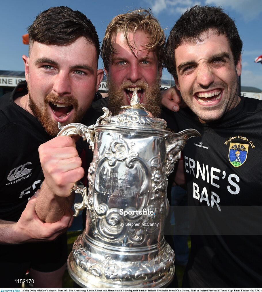 8 May 2016; Wicklow's players, from left, Ben Armstrong, Eanna Killeen and Simon Setien following their Bank of Ireland Provincial Towns Cup victory. Bank of Ireland Provincial Towns Cup, Final, Enniscorthy RFC v Wicklow RFC. Ashbourne RFC, Ashbourne, Co. Meath. Picture credit: Stephen McCarthy / SPORTSFILE