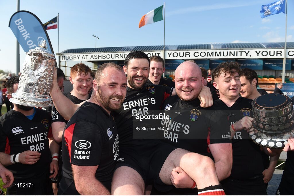 8 May 2016; Wicklow captain Wesley Wojnar, centre, with team-mates Stephen Duffy and Timmy O'Donovan following their Bank of Ireland Provincial Towns Cup victory. Bank of Ireland Provincial Towns Cup, Final, Enniscorthy RFC v Wicklow RFC. Ashbourne RFC, Ashbourne, Co. Meath. Picture credit: Stephen McCarthy / SPORTSFILE