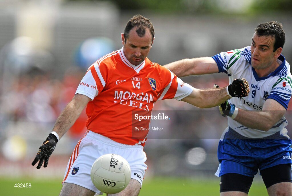 6 June 2010; Steven McDonnell, Armagh, in action against John Paul Mone, Monaghan. Ulster GAA Football Senior Championship Quarter-Final, Monaghan v Armagh, Casement Park, Belfast, Co. Antrim. Picture credit: David Maher / SPORTSFILE