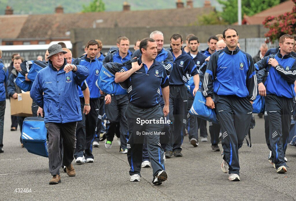 6 June 2010; Monaghan manager Seamus McEnaney, with the Monaghan team, arrive at Casement Park. Ulster GAA Football Senior Championship Quarter-Final, Monaghan v Armagh, Casement Park, Belfast, Co. Antrim. Picture credit: David Maher / SPORTSFILE