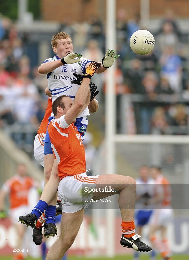 6 June 2010; Kieran Hughes, Monaghan, in action against Malachy Mackin, Armagh. Ulster GAA Football Senior Championship Quarter-Final, Monaghan v Armagh, Casement Park, Belfast, Co. Antrim. Picture credit: Oliver McVeigh / SPORTSFILE