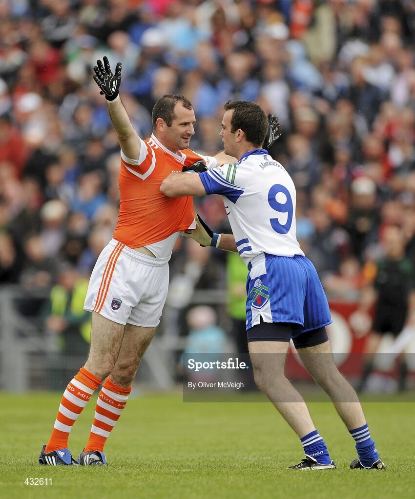 6 June 2010; Steven McDonnell, Armagh, in dispute with John Paul Mone, Monaghan, during a first half incident. Ulster GAA Football Senior Championship Quarter-Final, Monaghan v Armagh, Casement Park, Belfast, Co. Antrim. Picture credit: Oliver McVeigh / SPORTSFILE