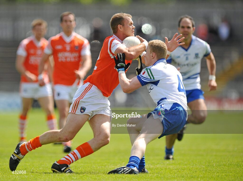 6 June 2010; Gareth Swift, Armagh, in action against Colin Walshe, Monaghan. Ulster GAA Football Senior Championship Quarter-Final, Monaghan v Armagh, Casement Park, Belfast, Co. Antrim. Picture credit: David Maher / SPORTSFILE