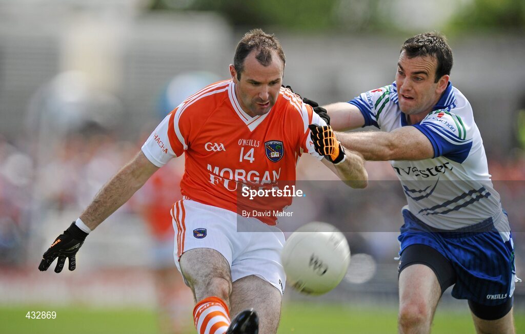 6 June 2010; Steven McDonnell, Armagh, in action against John Paul Mone, Monaghan. Ulster GAA Football Senior Championship Quarter-Final, Monaghan v Armagh, Casement Park, Belfast, Co. Antrim. Picture credit: David Maher / SPORTSFILE