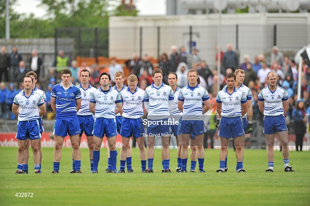 6 June 2010; Monaghan team stand during the playing of the national anthem. Ulster GAA Football Senior Championship Quarter-Final, Monaghan v Armagh, Casement Park, Belfast, Co. Antrim. Picture credit: David Maher / SPORTSFILE