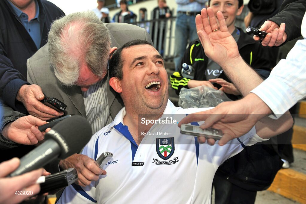6 June 2010; Monaghan manager Seamus McEnaney in a joyous mood as he his interviewed by members of the media following his side's victory. Ulster GAA Football Senior Championship Quarter-Final, Monaghan v Armagh, Casement Park, Belfast, Co. Antrim. Picture credit: David Maher / SPORTSFILE