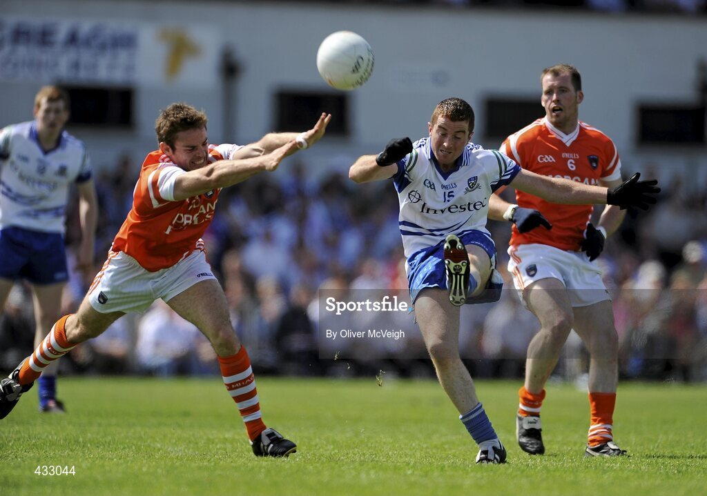 6 June 2010; Tomas Freeman, Monaghan, in action against Brendan Donaghy, Armagh. Ulster GAA Football Senior Championship Quarter-Final, Monaghan v Armagh, Casement Park, Belfast, Co. Antrim. Picture credit: Oliver McVeigh / SPORTSFILE