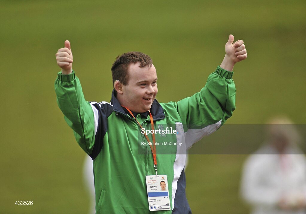 10 June 2010; James Jennings, from Cong, Co. Mayo, salutes the crowd after the softball event at the 2010 Special Olympics Ireland Games. University of Limerick, Limerick. Picture credit: Stephen McCarthy / SPORTSFILE