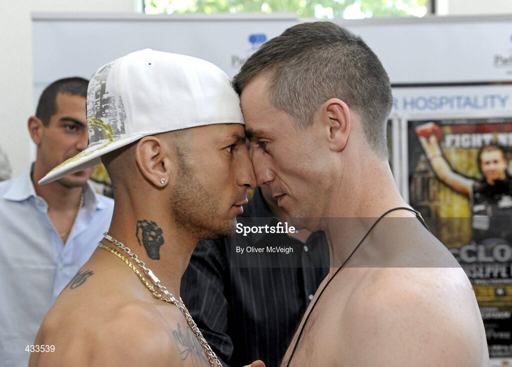 10 June 2010; Paul McCloskey, right, and Giuseppe Lauri come head to head during the weigh-in ahead of their Yanjing Fight Night European Light Welterweight title bout on Friday night. The Park Plaza Hotel, Aldergrove, Belfast, Co. Antrim. Picture credit: Oliver McVeigh / SPORTSFILE