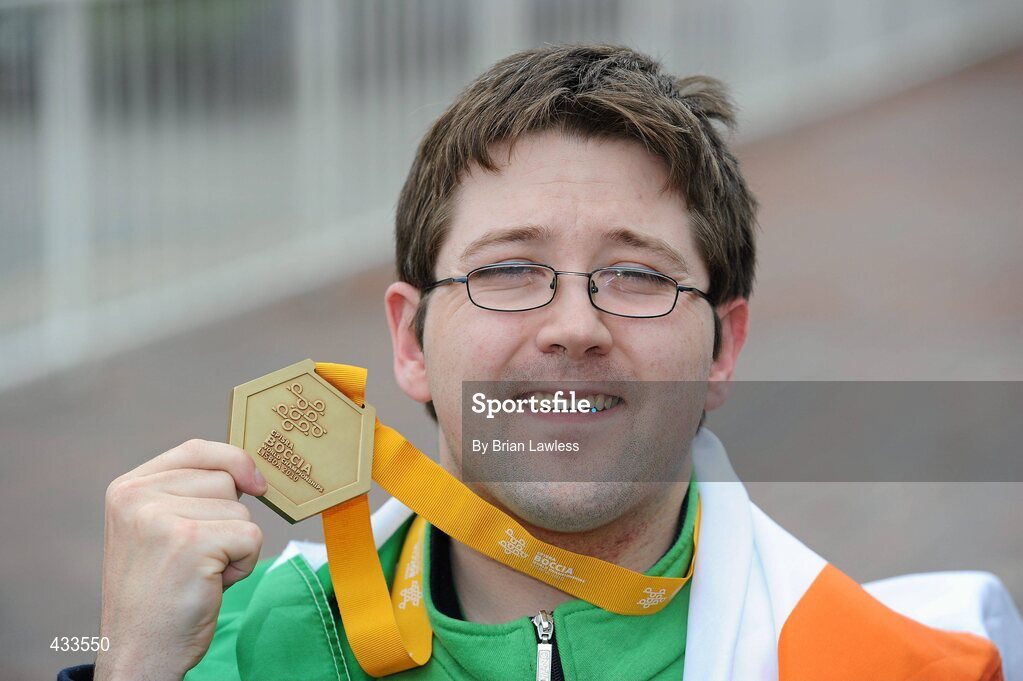 10 June 2010; Padraic Moran, from Bray, Co. Wicklow, celebrates on his return to Ireland after winning Gold in the BC1 Class at the CPISRA World Boccia Championships in Lisbon. The Bray local, sensationally beat home favourite Portugal’s Joao Paolo Fernandez by a score of 3:2 in a thrilling final at the Estádio Universitário in Lisbon’s University complex to take victory This is the end of a long Championship for Moran who earlier in the week led the Irish team to a 4th place finish in the BC1/BC2 combined team competition. Dublin Airport, Dublin. Picture credit: Brian Lawless / SPORTSFILE