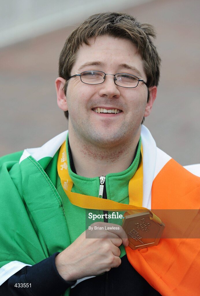 10 June 2010; Padraic Moran, from Bray, Co. Wicklow, celebrates on his return to Ireland after winning Gold in the BC1 Class at the CPISRA World Boccia Championships in Lisbon. The Bray local, sensationally beat home favourite Portugal’s Joao Paolo Fernandez by a score of 3:2 in a thrilling final at the Estádio Universitário in Lisbon’s University complex to take victory This is the end of a long Championship for Moran who earlier in the week led the Irish team to a 4th place finish in the BC1/BC2 combined team competition. Dublin Airport, Dublin. Picture credit: Brian Lawless / SPORTSFILE
