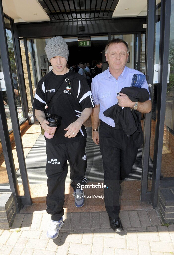 10 June 2010; Boxer Paul McCloskey, left, and his manager Francie McNicholl leave after the weigh-in ahead of his Yanjing Fight Night European Light Welterweight title bout against Giuseppe Lauri on Friday night. The Park Plaza Hotel, Aldergrove, Belfast, Co. Antrim. Picture credit: Oliver McVeigh / SPORTSFILE