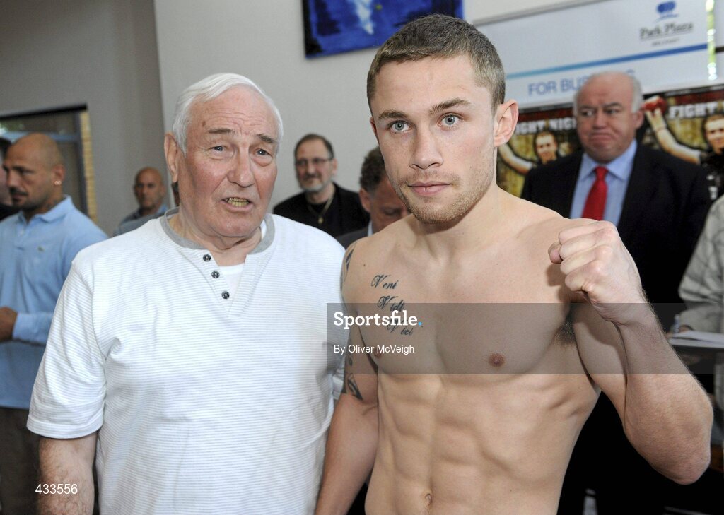 10 June 2010; Boxer Carl Frampton, left, and his trainer Gerry Storey during the weigh-in for the undercard ahead of the Yanjing Fight Night European Light Welterweight title bout on Friday night. The Park Plaza Hotel, Aldergrove, Belfast, Co. Antrim. Picture credit: Oliver McVeigh / SPORTSFILE