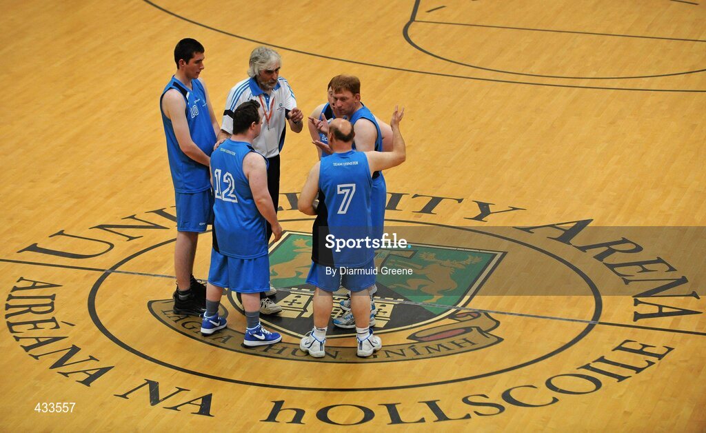 10 June 2010; Leinster head coach Jan Muyllaert speaks to his team during a time-out during the game. 2010 Special Olympics Ireland Games, Leinster v Connaught Basketball. University of Limerick, Limerick. Picture credit: Diarmuid Greene / SPORTSFILE