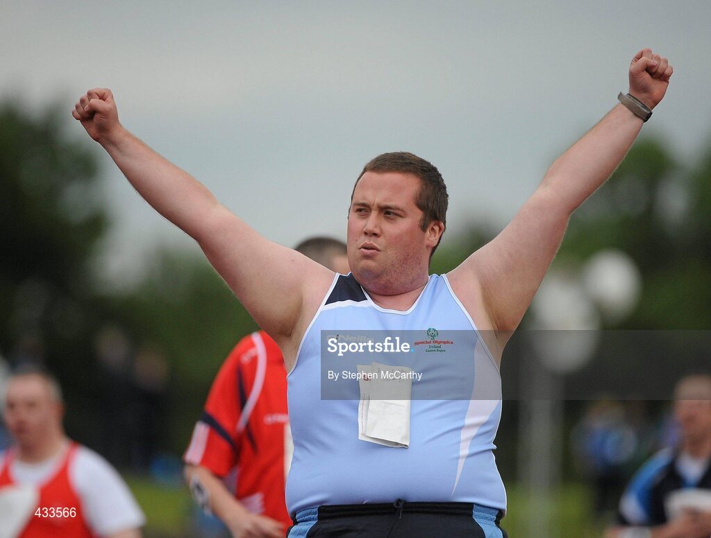 10 June 2010; David Singleton, from Kilmainham, Dublin, celebrates during the athletics divisioning events at the 2010 Special Olympics Ireland Games. University of Limerick, Limerick. Picture credit: Stephen McCarthy / SPORTSFILE