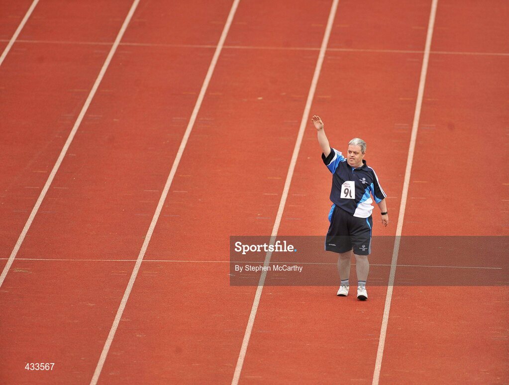 10 June 2010; Declan Heavey, from Monasterevin, Kildare, salutes the crowd during his athletics divisioning event at the 2010 Special Olympics Ireland Games. University of Limerick, Limerick. Picture credit: Stephen McCarthy / SPORTSFILE