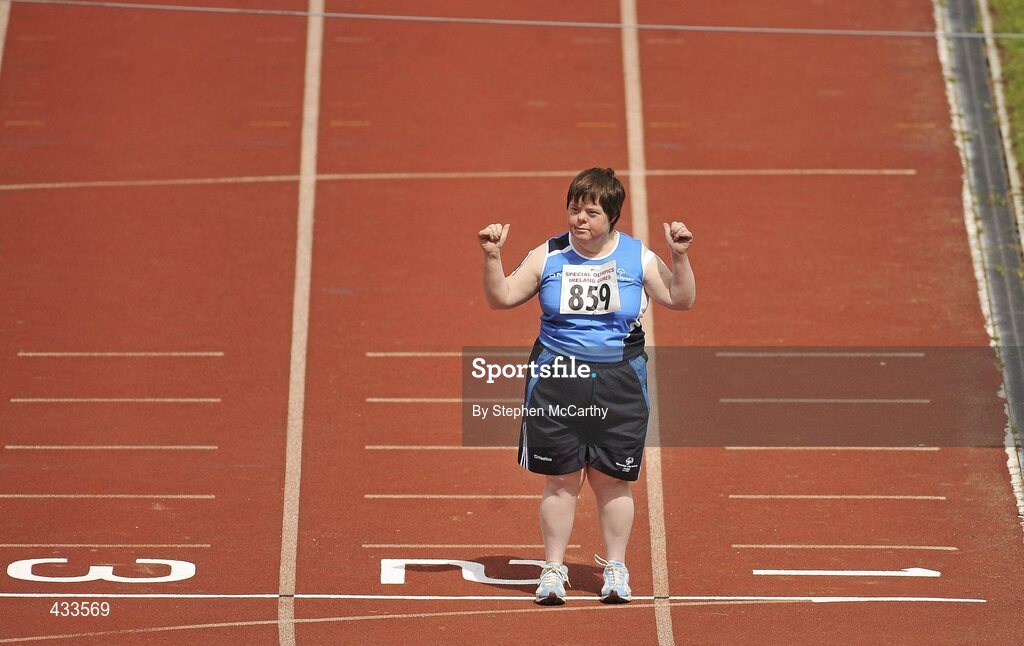 10 June 2010; Mary Duffy, from Moore Abby, Kildare, celebrates after her athletics divisioning event at the 2010 Special Olympics Ireland Games. University of Limerick, Limerick. Picture credit: Stephen McCarthy / SPORTSFILE