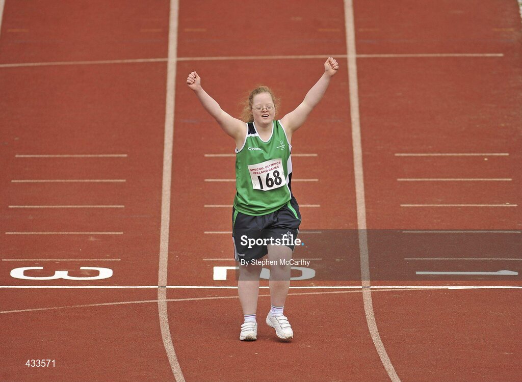 10 June 2010; Jennifer McCormack celebrates after her athletics divisioning event at the 2010 Special Olympics Ireland Games. University of Limerick, Limerick. Picture credit: Stephen McCarthy / SPORTSFILE