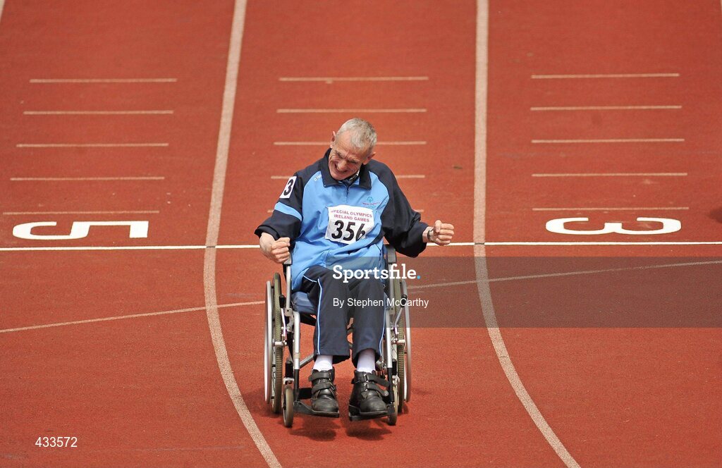 10 June 2010; Aidan Cummins, from Baldoyle, Dublin, celebrates after his athletics divisioning event at the 2010 Special Olympics Ireland Games. University of Limerick, Limerick. Picture credit: Stephen McCarthy / SPORTSFILE