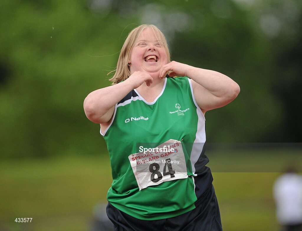 10 June 2010; Irma Folliary, from Ballyhaunis, Mayo, celebrates after her athletics divisioning event at the 2010 Special Olympics Ireland Games. University of Limerick, Limerick. Picture credit: Stephen McCarthy / SPORTSFILE
