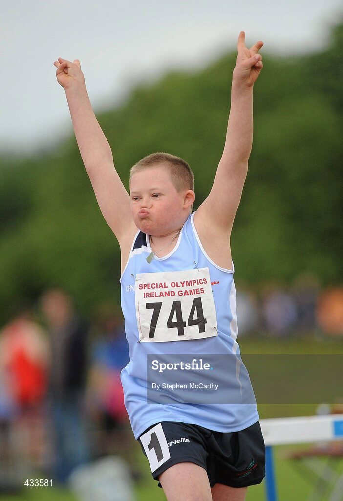 10 June 2010; David Wall, from Clonsilla, Dublin, celebrates following his athletics divisioning event at the 2010 Special Olympics Ireland Games. University of Limerick, Limerick. Picture credit: Stephen McCarthy / SPORTSFILE
