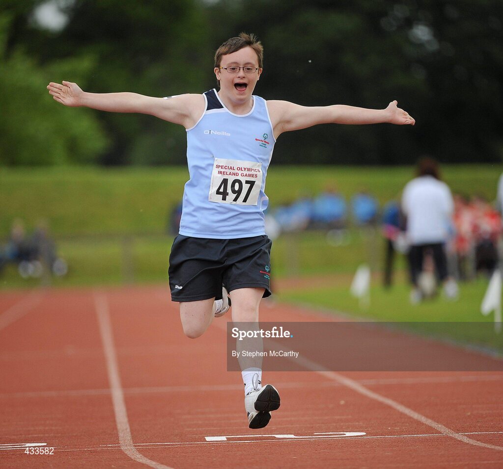 10 June 2010; Adam Lalor, from Clonee, Co. Meath, celebrates during his athletics divisioning event at the 2010 Special Olympics Ireland Games. University of Limerick, Limerick. Picture credit: Stephen McCarthy / SPORTSFILE