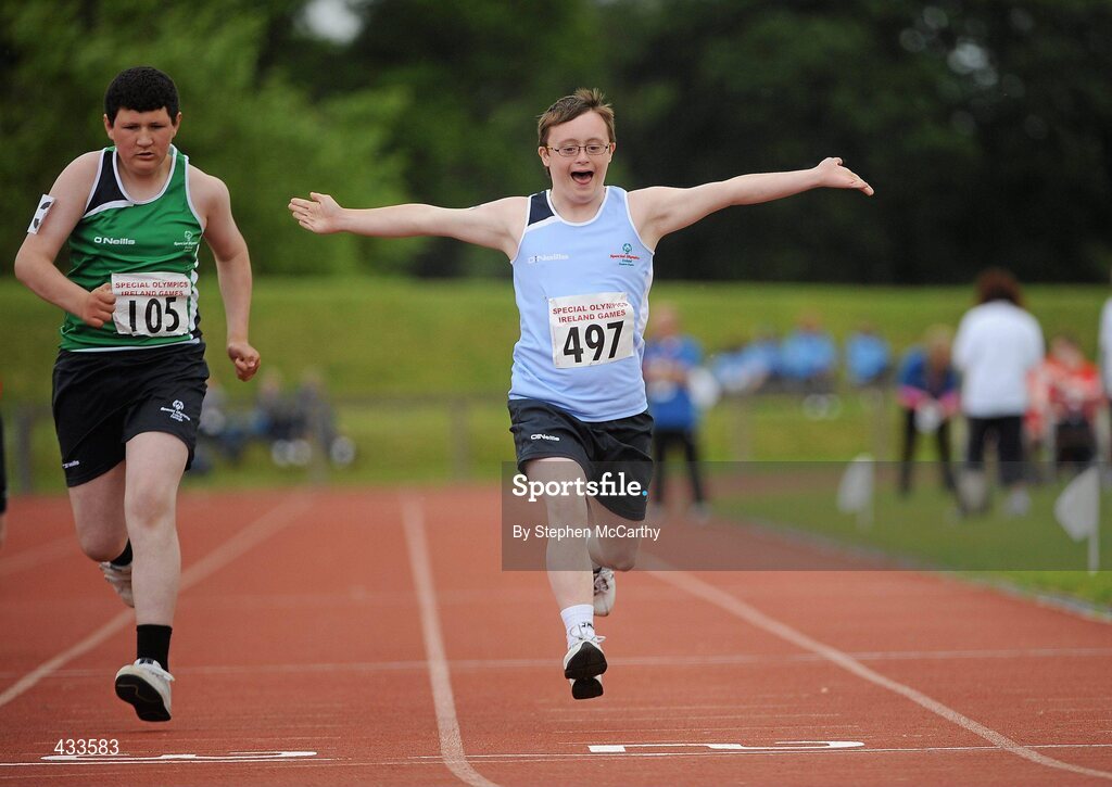 10 June 2010; Adam Lalor, from Clonee, Co. Meath, celebrates during his athletics divisioning event at the 2010 Special Olympics Ireland Games. University of Limerick, Limerick. Picture credit: Stephen McCarthy / SPORTSFILE