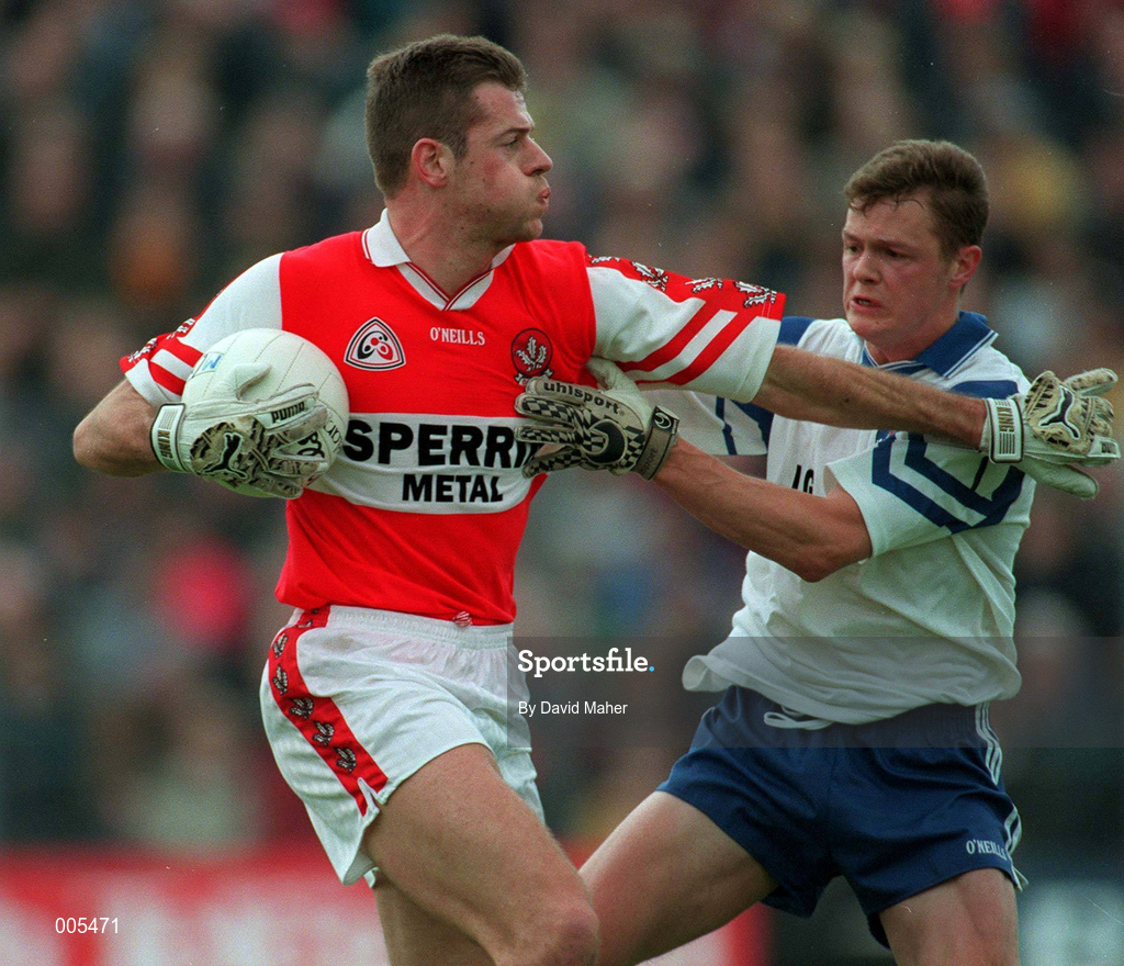 31 May 1998; Anthony Tohill of Derry in action against Cyril Ronaghan of Monaghan during the Ulster GAA Football Senior Championship Quarter-Final match between Derry and Monaghan at Celtic Park in Derry. Photo by David Maher/Sportsfile