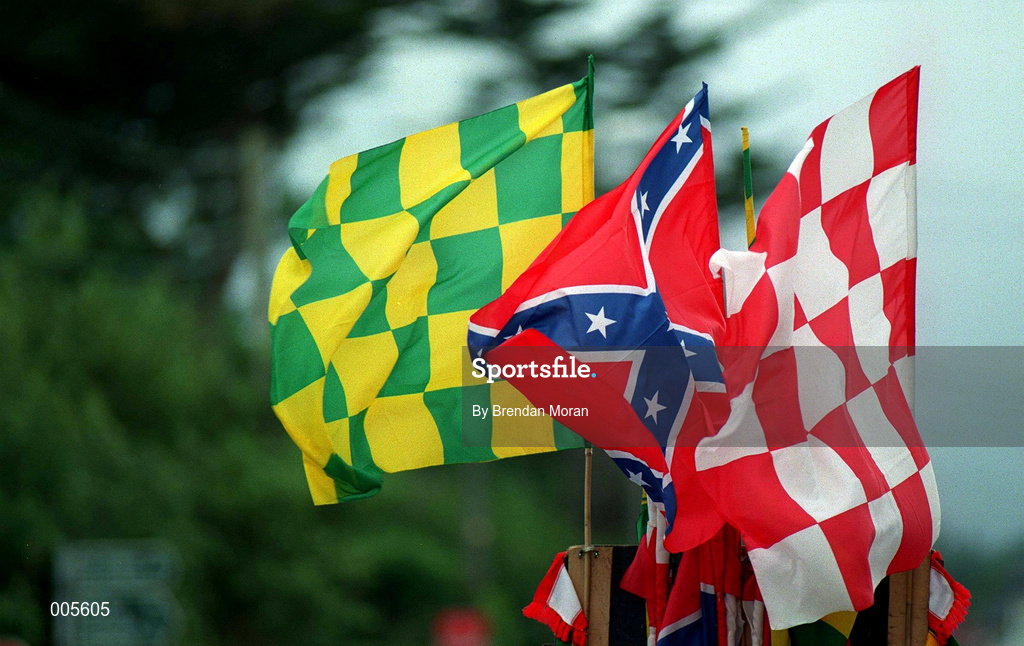 23 July 1995. Cork & Kerry flags. Munster Football Final, Kerry v Cork, Fitzgerald Stadium, Killarney, Co. Kerry. Picture Credit: Brendan Moran/SPORTSFILE.