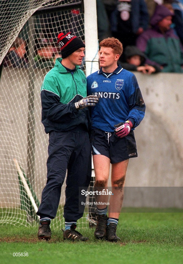 27 October 1996; Dublin goalkeeper David Byrne, right, in conversation with reserve goalkeeper John O'Leary prior to the National Football League match between Dublin and Armagh at Parnell Park in Dublin. Photo by Ray McManus/Sportsfile