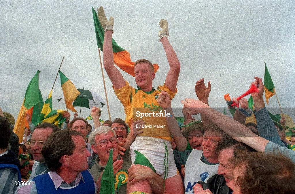 24 July 1994. Leitrim Captain Declan Darcy celebrates with supporters after the Connacht Senior Football Championship Final match between Leitrim and Mayo at Dr. Hyde Park in Roscommon. Photo by David Maher/Sportsfile