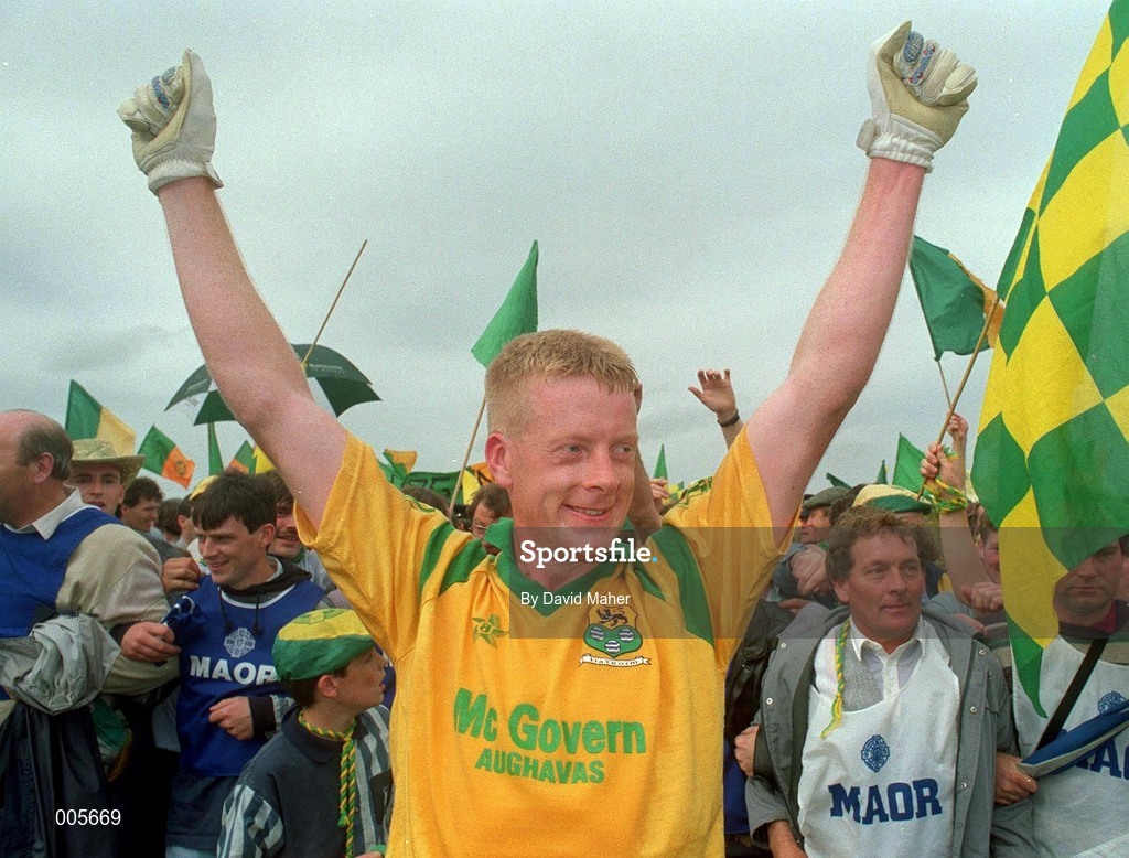 24 July 1994. Leitrim Captain Declan Darcy celebrates victory after the Connacht Senior Football Championship Final match between Leitrim and Mayo at Dr. Hyde Park in Roscommon. Photo by David Maher/Sportsfile