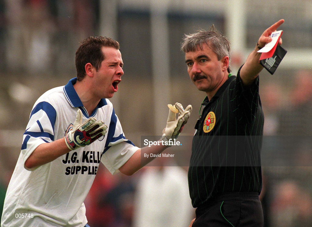 31 May 1998; Monaghan captain Edwin Murphy pleads with referee Michael McGrath after being sent off during the Ulster GAA Football Senior Championship Quarter-Final match between Derry and Monaghan at Celtic Park in Derry. Photo by David Maher/Sportsfile