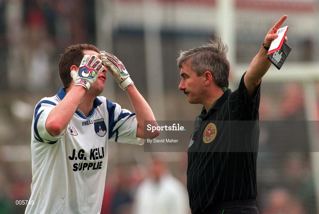 31 May 1998; Edwin Murphy of Monaghan is sent off by referee Michael McGrath during the Ulster GAA Football Senior Championship Quarter-Final match between Derry and Monaghan at Celtic Park in Derry. Photo by David Maher/Sportsfile
