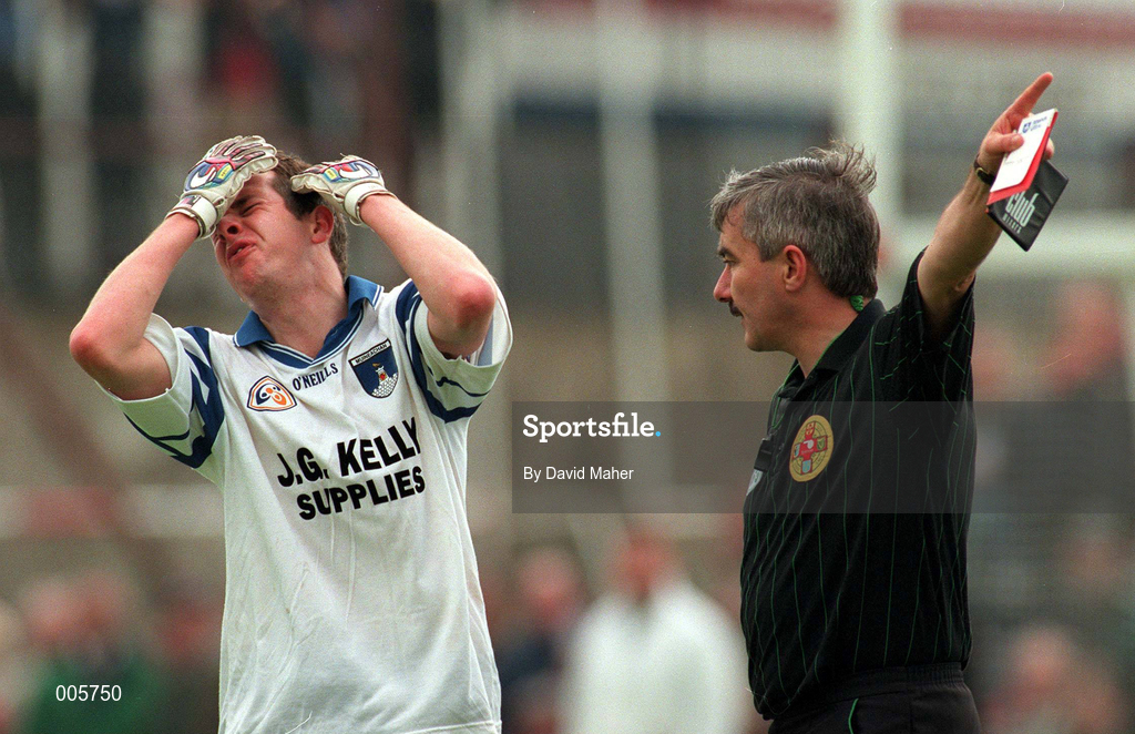 31 May 1998;  Edwin Murphy of Monaghan is sent off by referee Michael McGrath during the Ulster GAA Football Senior Championship Quarter-Final match between Derry and Monaghan at Celtic Park in Derry. Photo by David Maher/Sportsfile