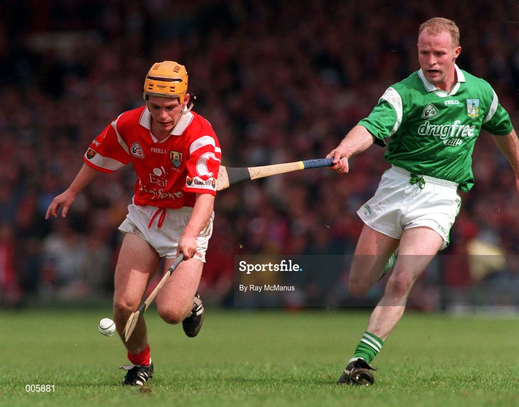 31 May 1998; Joe Deane of Cork in action against Stephen McDonagh of Limerick during the Munster Senior Hurling Championship Quarter-Final match between Limerick and Cork at the Gaelic Grounds in Limerick. Photo by Ray McManus/Sportsfile