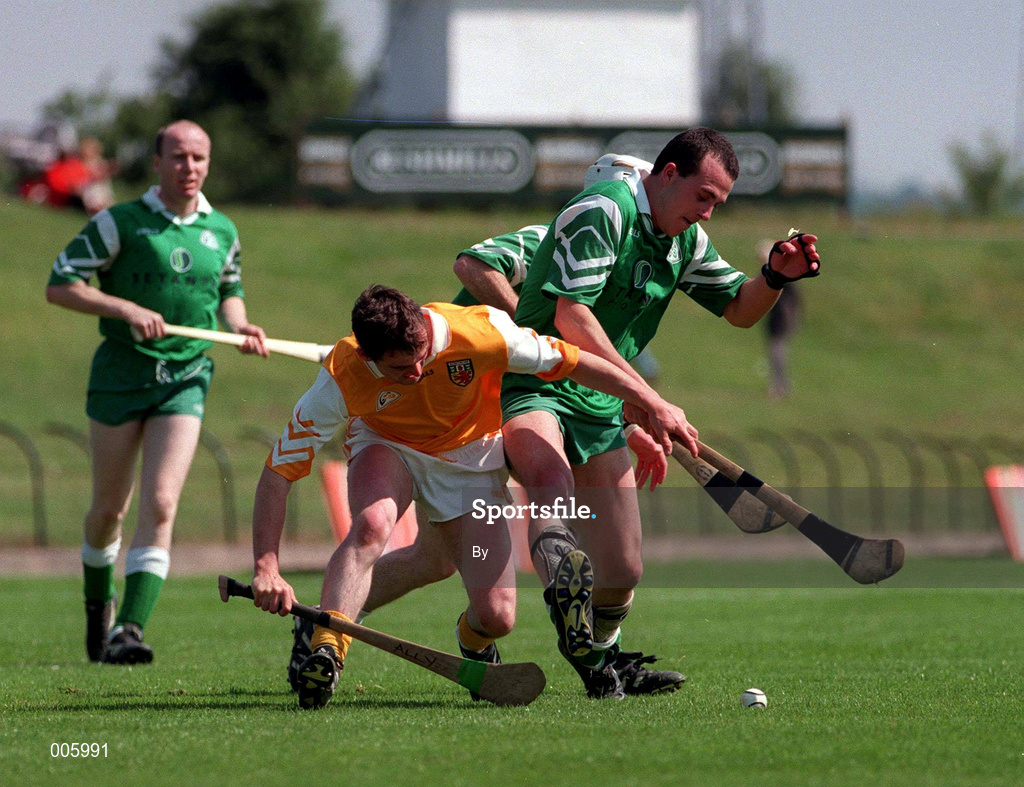 14 June 1998.Allister Elliot Antrim in action against Liam Barron London, Ulster Hurling Championship, Casement Park. Picture Credit: Damien Eagers/SPORTSFILE.