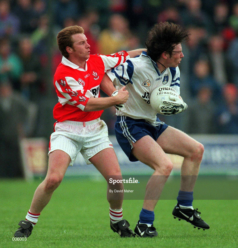 31 May 1998; Mark Daly of Monaghan in action against Kieran McKeever of Derry during the Ulster GAA Football Senior Championship Quarter-Final match between Derry and Monaghan at Celtic Park in Derry. Photo by David Maher/Sportsfile