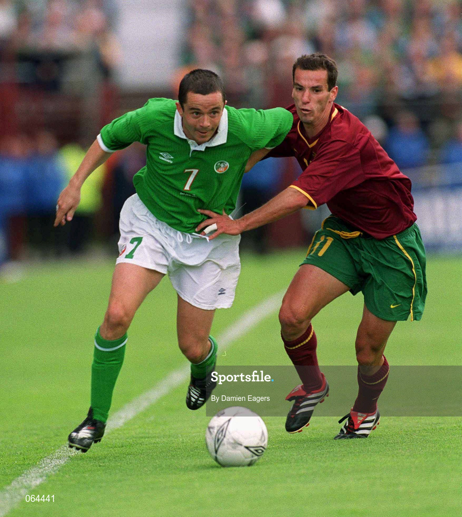 2 June 2001; Gary Kelly of Republic of Ireland in action against Armando Petit of Portugal during the FIFA World Cup 2002 Group 2 Qualifier match between Republic of Ireland and Portugal at Lansdowne Road in Dublin. Photo by Damien Eagers/Sportsfile