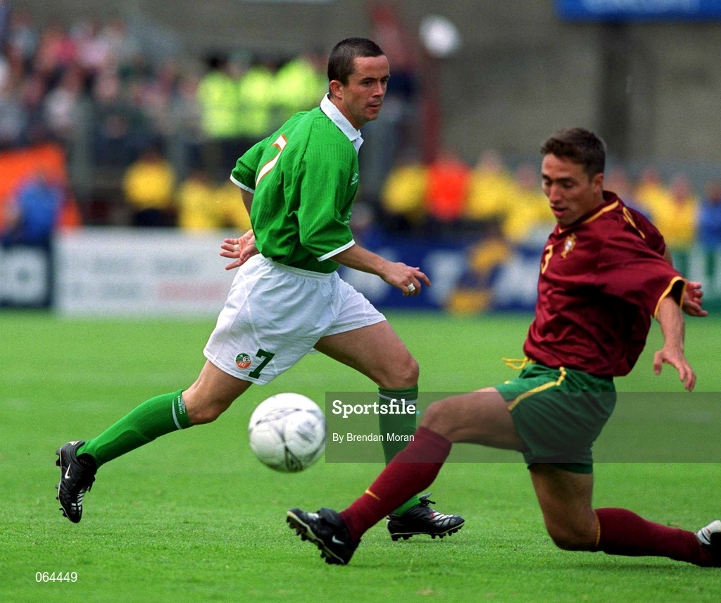 2 June 2001; Gary Kelly of Republic of Ireland in action against Rui Jorge of Portugal during the FIFA World Cup 2002 Group 2 Qualifier match between Republic of Ireland and Portugal at Lansdowne Road in Dublin. Photo by Brendan Moran/Sportsfile