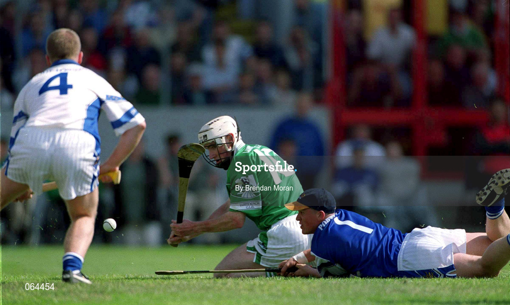 10 June 2001; James Butler of Limerick has a shot on goal despite the attempts of Brian Flannery of Waterford, left, and Waterford goalkeeper Brendan Landers during the Guinness Munster Senior Hurling Championship Semi-Final match between Limerick and Waterford at Páirc Uí Chaoimh in Cork. Photo by Brendan Moran/Sportsfile