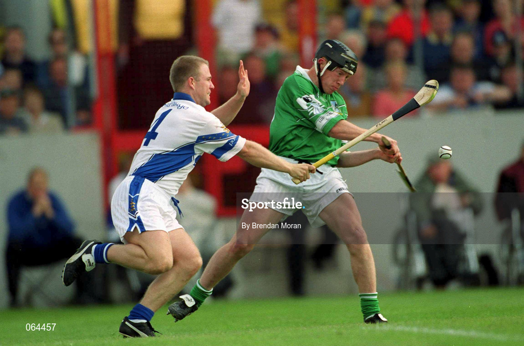 10 June 2001; James Butler of Limerick in action against Brian Flannery of Waterford during the Guinness Munster Senior Hurling Championship Semi-Final match between Limerick and Waterford at Páirc Uí Chaoimh in Cork. Photo by Brendan Moran/Sportsfile